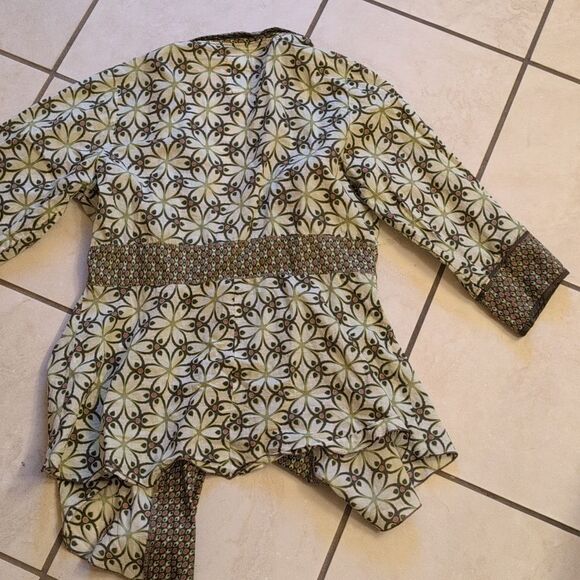 Burning Torch Anthropologie lightweight cotton kimono tie front green pattern M - Picture 7 of 10